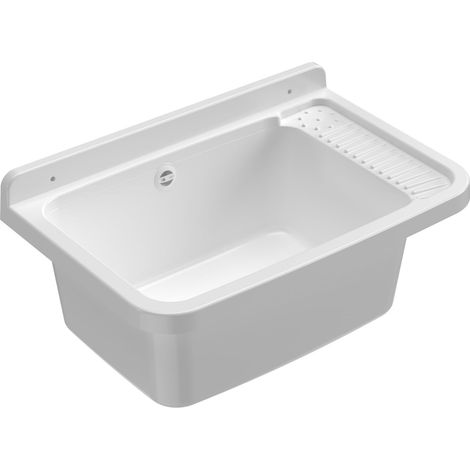 Lavabo en résine de polypropylène, fixation murale, avec siphon et bonde, résistant aux acides d'usage courant, buanderie, garage, extérieur, 57 x 36,5 x 16 cm, blanc (1/5)