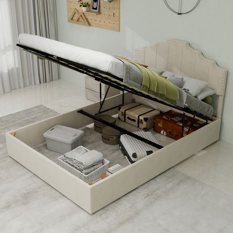 Cama almacenaje 140x200 cm Cabecero geométrico con tachuelas pistón tejido y metal color beige (Sin colchón)