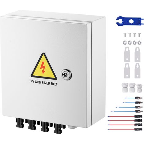 Mophorn PV-Combiner-Box, 4-String-Solar-Combiner-Box, 15-A-Sicherung, 63-A-Leistungsschalter, Blitzableiter, Solaranschluss, Stahlgehäuse, IP65