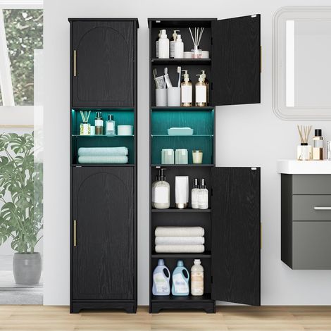 Colonne de salle de bain noire 30x40x170 cm – Armoire de rangement avec étagères en verre et éclairage LED – Design moderne avec portes arquées (1/5)