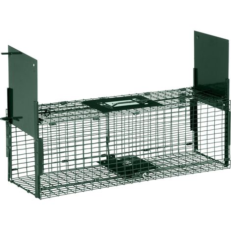 Piège à animaux vivants 60 x 18 x 20 cm avec 2 portes, poignée et cadre en acier pour lapins, écureuils, furets, vert