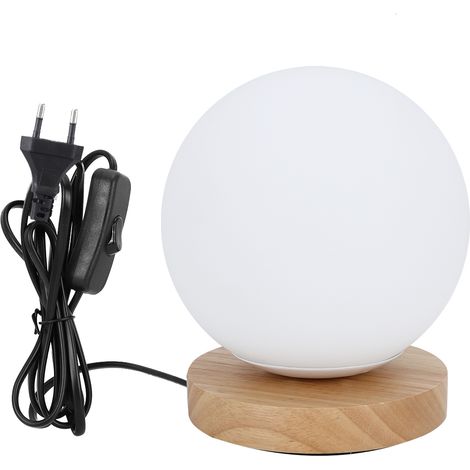 Lampe de chevet Bois naturel Abat-jour verre rond Design polygonal E27 pour chambre salon bureau fil 1,6m (1/5)