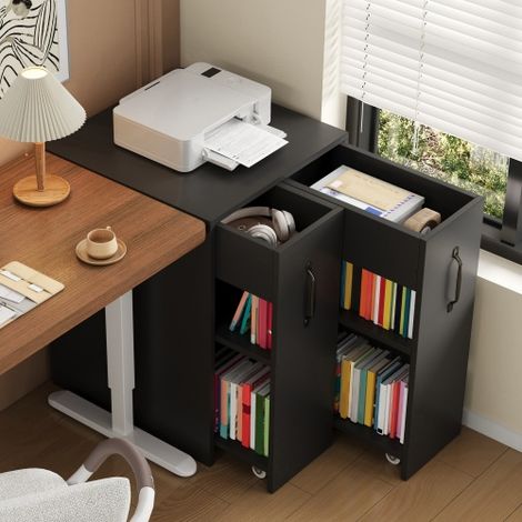 Petite bibliothèque sur roulettes – Dotée d'étagères et de tiroirs  configuration réversible (gauche/droite)  unité unique à extension totale  inclut des barres de sécurité  fait office de table de ch