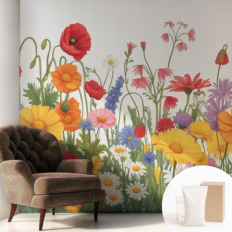 Papier peint décoratif avec colle pour salon, chambre à coucher et bureau – Design moderne et facile à poser Prairie fleurie 250x250 cm (1/5)
