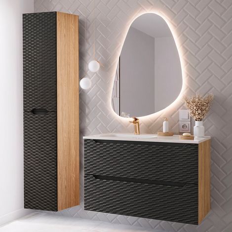 Waschtisch und Hängesäule 90cm Elora mit 2 Schubladen, Schwarz und Holzoptik (1/5)