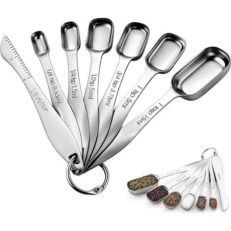 7-teiliges Messlöffelset aus 18/8-Edelstahl mit Abstreifer, Messlöffel für präzises Abmessen von trockenen und flüssigen Zutaten (1/5)