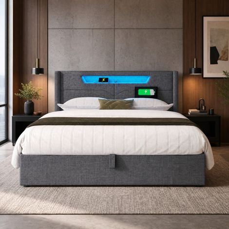 lit coffre 160x200 LED USB Type-C lin gris OKMYHOME (1/5)