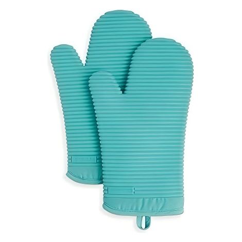 Dos guantes de silicona suaves y resistentes al calor, de 18 cm x 33 cm, de color azul. (1/5)