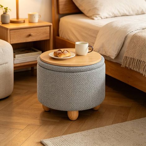 Pouf contenitore rotondo con vassoio reversibile, Ø39 x H33 cm, grigio chiaro DESVIAE (1/5)