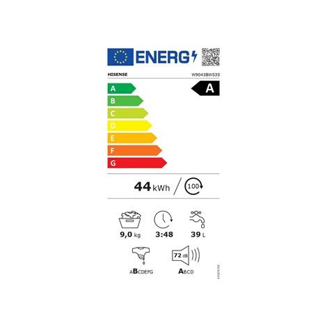 Lave-linge hublot HISENSE W9043BWS3S - 9 kg - Vapeur - 1400 trs/min - Classe A-10% - Vapeur - Connecté - Blanc (1/2)