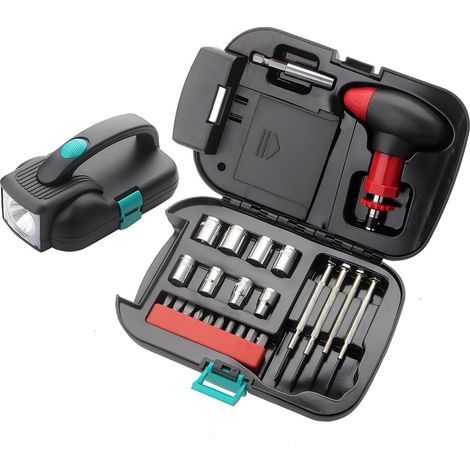 24 en 1 LED Lampe de Poche Portable Outil Kit Tournevis Bit Set Cliquet Poignée Outil de Réparation pour Entretien Ménager Camping Activités de Plein Air (1/5)