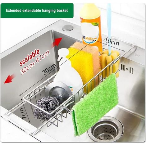 Organizzatore per lavello da cucina, porta spugna estensibile, scolapiatti telescopico, organizer in acciaio inox 30-47 cm, portasciugamani multifunzionale a rapido drenaggio per cucina e bagno (1/4)