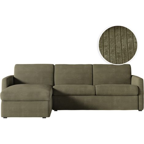 Canapé d'angle convertible express 4 pl AGATHE 140x190cm en velours côtelé vert kaki - Matelas 13cm (1/5)