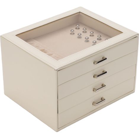 Boîte à bijoux à 4 compartiments, grande capacité, en cuir PU avec tiroirs, beige, idéale pour colliers et boucles d'oreilles. (1/5)