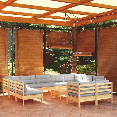 INLIFE Salon de jardin 12 pcs avec coussins gris Bois de pin massif (1/5)