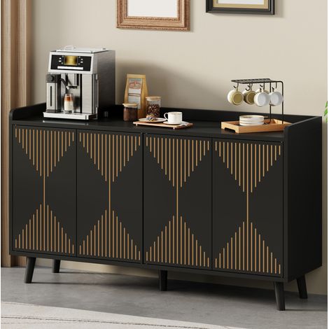 Buffet de cuisine 4 portes avec étagères réglables en MDF noir 140 x 40 x 84 cm (1/5)