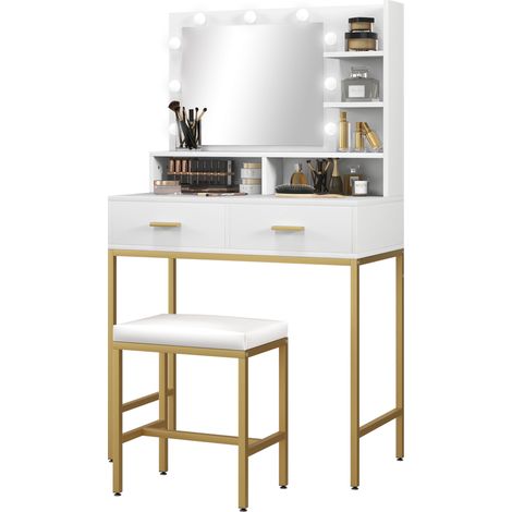 Meuble Coiffeuse avec Miroir, 2 Tiroirs, 5 Étagères et Tabouret, en MDF et Aggloméré, 80x40x138 cm, Blanc (1/5)