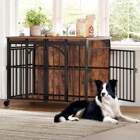 Cage pour Chien avec roulettes Pivotantes à 360°, Caisse avec Porte Coulissante, Moderne en Bois pour Chiens de Petite et Moyenne Taille, pour Une Utilisation en Intérieur, Marron Rustique