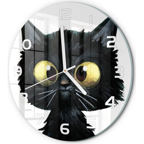 Horloge Murale Ronde Moderne en Verre Trempé Silencieuse Maison Bureau Illustration de chat fi 30 cm (1/5)
