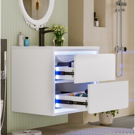 Mobile lavabo sospeso moderno 60x46x50 cm in MDF laccato bianco con lavabo integrato in ceramica, 2 cassetti e luce LED sensore (1/5)