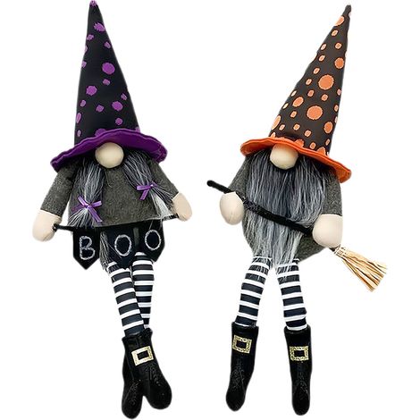 Lot de 2 Gnomes Halloween sans visage à longues jambes - Figurine balai BOO pour décoration intérieure et extérieure (1/5)