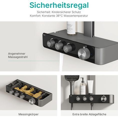 EMKE Duschsystem mit Thermostat & 36cm Regendusche Durchflussregelung 37cm Ablage & Halterung für Kinder/Senioren Anthrazit