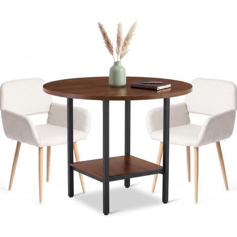 FurnitureR Essgruppe 100cm MDF Rundtisch mit Ablage&2 Stoff Armlehnstühlen 100 cm MDF-Rundtisch mit Ablage und 2 gepolsterten Stoff-Armlehnstühlen mit Metallbeinen in Eichenoptik (1/5)
