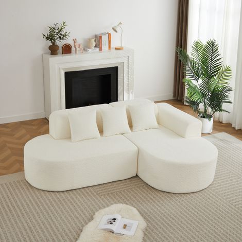 Canapé d’angle droit en tissu beige, méridienne à droite, design arrondi Wabi-Sabi, 3 coussins de dossier et assise confortable pour salon, livré en 2 colis – CHICFURN (1/5)