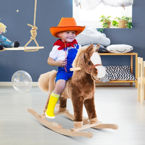 Cheval à Bascule Cheval de Cowboy Selle Grand Confort pour Enfants de 36+Mois Peluche Courte Douce Bois peuplier Charge 40 Kg Brun Blanc