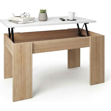 Mesa de centro elevable con almacenaje 90x43-53 cm Norak Roble Canadian - Blanco Artik (Blanco Mate) 50cm (ancho) x 43,5cm (alto)