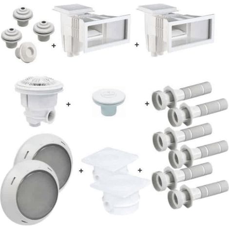 Astralpool – Kit pièces à sceller tout en un pour piscine 10x5 – 2 skimmers – 1 bonde de fond – 3 bouches de refoulement – 2 projecteurs (1/2)