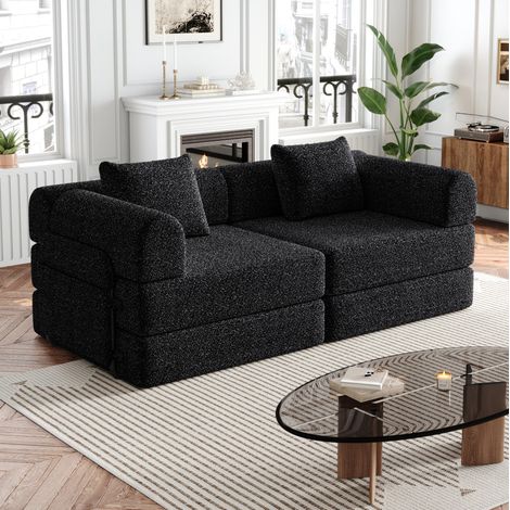 Canapé-lit 2-en-1 noir en chenille avec rangement d'accoudoir et configuration modulable (1/5)