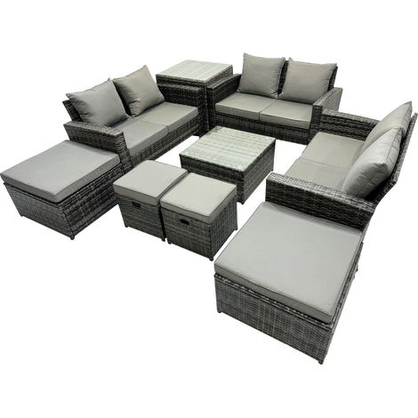 Fimous PE Rattan Garden Furniture Set Lounge Double Seat Sofa Coffee Table Set with Side Table 4 Stools Dark Grey Mixed (1/5)