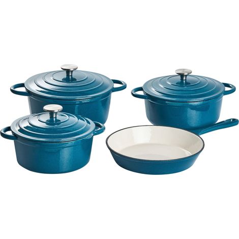Casserole and Skillet Blue Enamaled Cast Iron 7 Piece Set Pot and Lid with Stainless Steel Knob and Skillet Oven-Safe All-Hobs Compatible CASTORA
