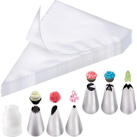100-teiliges Spritzbeutel-Set, inklusive 6 Edelstahl-Tüllen, 1 Adapter, Einweg-Spritzbeutel, Spritzbeutel für Kuchen-, Cupcake- und Gebäckdekoration (1/5)