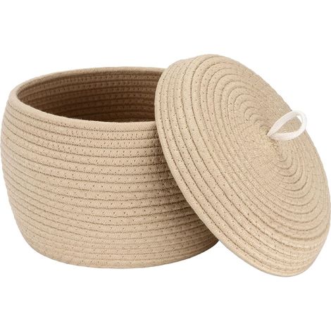 Panier de rangement en cordon de coton rond avec couvercle Organiseur multifonctionnel pour collations, serviettes, etc. - Idéal pour votre maison, 10 x 7,5 pouces. (1/5)