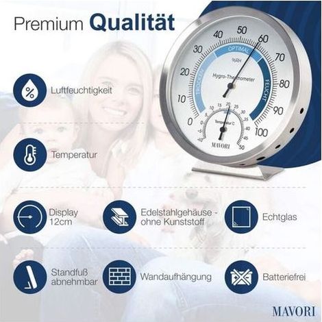 Thermomètre hygromètre d'ambiance analogique - Acier inoxydable de haute qualité pour un contrôle fiable et confortable du climat intérieur (1/5)
