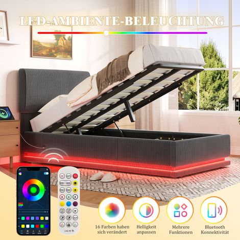 Lit rembourré moderne avec éclairage LED et fonction de charge USB-C, tête de lit réglable en hauteur, tissu côtelé, sommier à lattes stable, grand espace de rangement sous le lit et tête de lit rembo (1/5)