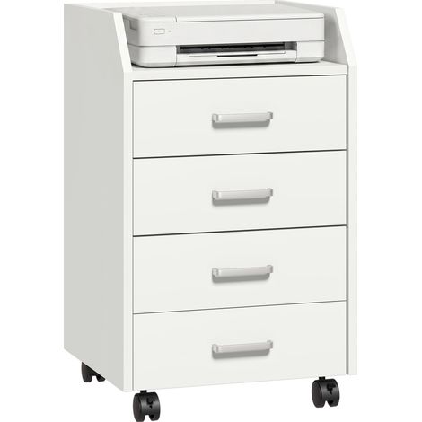 Caisson de bureau en bois avec 4 tiroirs, roulettes et bords surélevés, 40 x 36 x 65 cm, blanc (1/5)