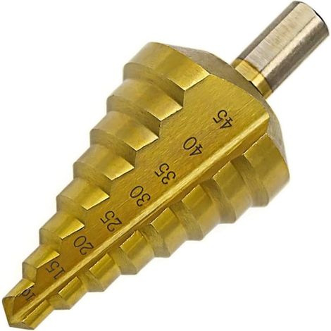 MINKUROW  Hss Step Drill Bit Set Titanio Rivestito Slot Dritto 10-45 Mm, Grande Pagoda Trapano Foro Alesatore Triangolo Maniglia Di Perforazione Controforo Dc15 D'oro (1/5)