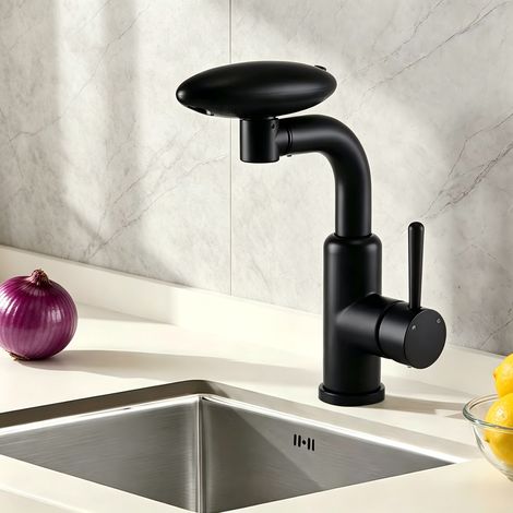 UFO Shaped Waterfall Mixer Tap, 4-in-1 Multi-Function Pull Out Tap, 360° Swivel Black Faucet for Kitchen & Bathroom (1/5)