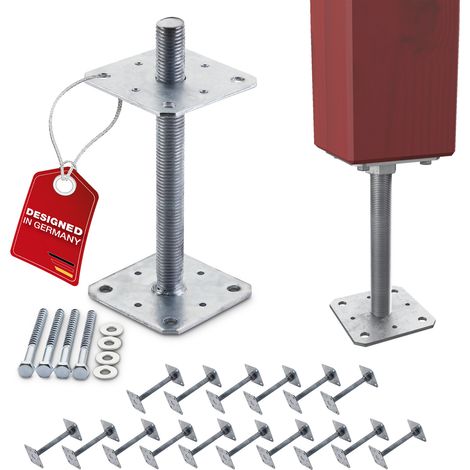 SOTECH Pfostenbeschlag Stützträger Gewinde M24 Stahl feuerverzinkt höhenverstellbar zum Aufschrauben, witterungsbeständig, 110 x 110 x 250 mm - 16 Stück