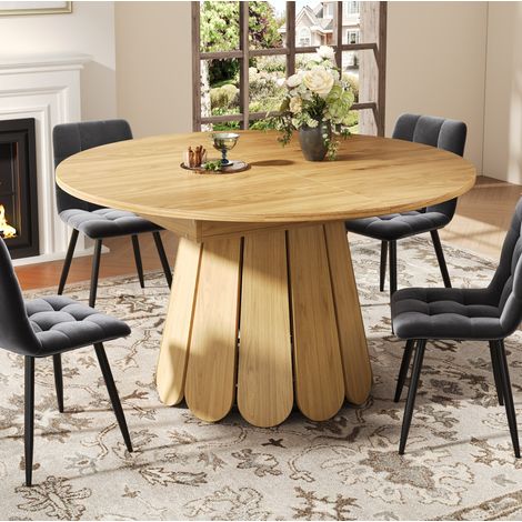 Table à manger ronde extensible, pour 4-6 personnes, structure en MDF, table de cuisine et de salon, pieds en forme de pétale, 118×118×76cm, marron clair (1/5)