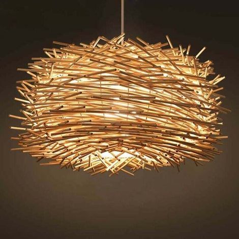 Vintage-Kronleuchter aus Rattan, E27-Fassung, in Form eines Vogelnestes, aus natürlichem Bambus gefertigt, ideal für Wohnzimmer, Schlafzimmer, Esszimmer oder Café. Höhenverstellbar (warmweißes Leuchtm (1/4)