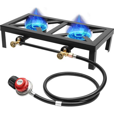 Double Burner Camping Stove, Portable Camping Stove, 3/8" Interface, Gas Burner with 1.2m Hose, Cast Iron Gas Stove, Outdoor Cooker, for Camping, Picnics, Barbecues, Caravans, Hunting,
