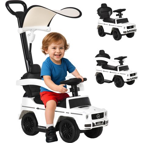 Macchina cavalcabile per bambini, completamente equipaggiata, 12-36 mesi, con clacson, poggiapiedi, barre di sicurezza e parasole, bianca