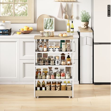 Carro auxiliar estrecho 55x16x85 cm blanco y natural en MDF con 4 estantes ajustables y ruedas (1/5)