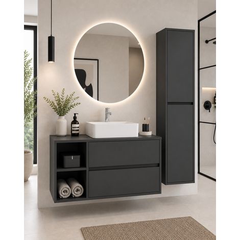 Badmöbel mit Holzplatte und Aufsatzwaschbecken ORIGENBATH ZEUS ohne Spiegel 120x45 cm 1 Becken Links graphit mit Säule