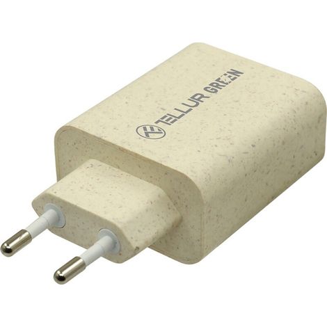Cargador Tellur Green de 38 W con doble puerto (Tipo-C PD20W + USB QC3.0), color crema. (1/3)
