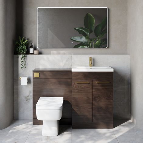 Napoli 390 Cento Brown Oak 1200mm 2 Door Vanity Unit Toilet Suite with Glide Basin - 1200mm - Brushed Brass 160mm HandleWith Kingston Toilet Pan and Seat